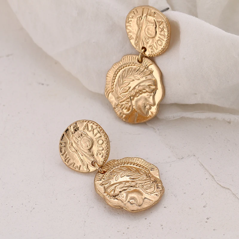 YMYW Zinc Alloy Geometric Gold Portrait Baroque Earrings Trendy Antique Personalized Double Layers Stylish Oorbellen Female Gift | Украшения