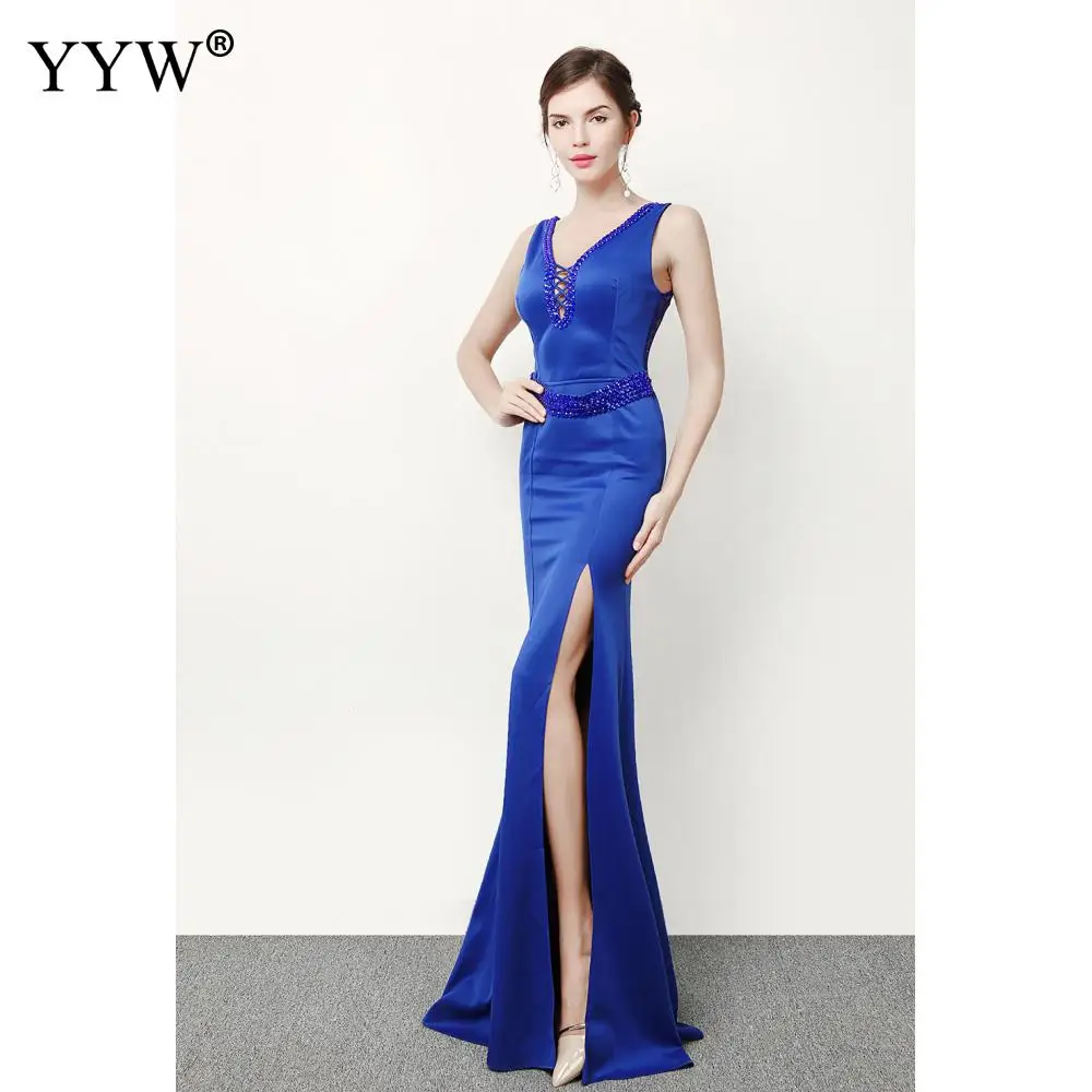 Robe De Soiree модная обувь с украшением в виде кристаллов Бисер Длинные Русалка Вечерние Платье Для женщин сексуальный v-образный вырез с низким вырезом на спине кружевное элегантное вечернее платье для выпускного бала