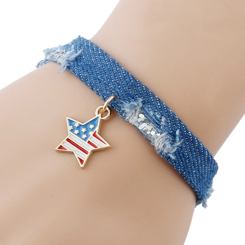 НИЛСЕН Новые пятиконечные браслеты из денима с американским флагом для мужчин и женщин, манжеты браслета для женщин, обернутые в виде якоря.