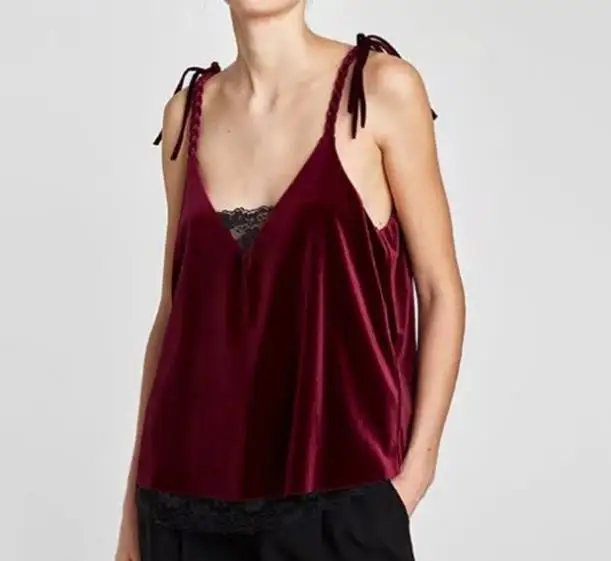 2018 сезон: весна–лето дизайнерские женские сотканные в полоску Velvet Tank Top Кружево