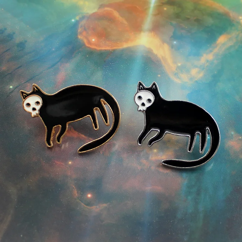 GDHY Skeleton Black Cat Brooch Skull Face Brooches Enamel Pin Backpack Shirt Collar Lapel Badges Jewelry Gifts | Украшения и