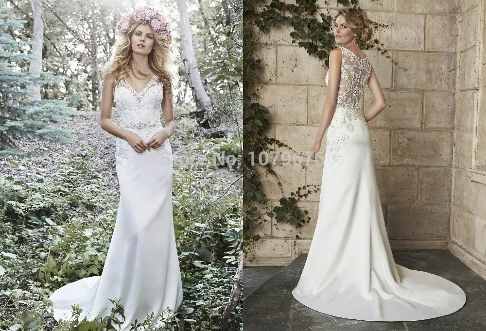 See Through Мода Оболочка Vestidos De Novia Кружева Свадебные Платья 2015 Танк Из Бисера V Шеи
