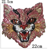 tiger head sequined patches vintage fashion applique sew on patch for clothes bags diy decal apparel accessory 22x21 5cm