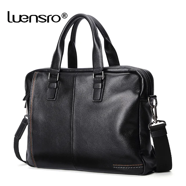 black LUENSRO мужской портфель из натуральной кожи, сумка из воловьей кожи, мужская сумка, Большая вместительная мужская сумка, портфель для ноутбука, кожаные сумки на плечо - Цвет: black