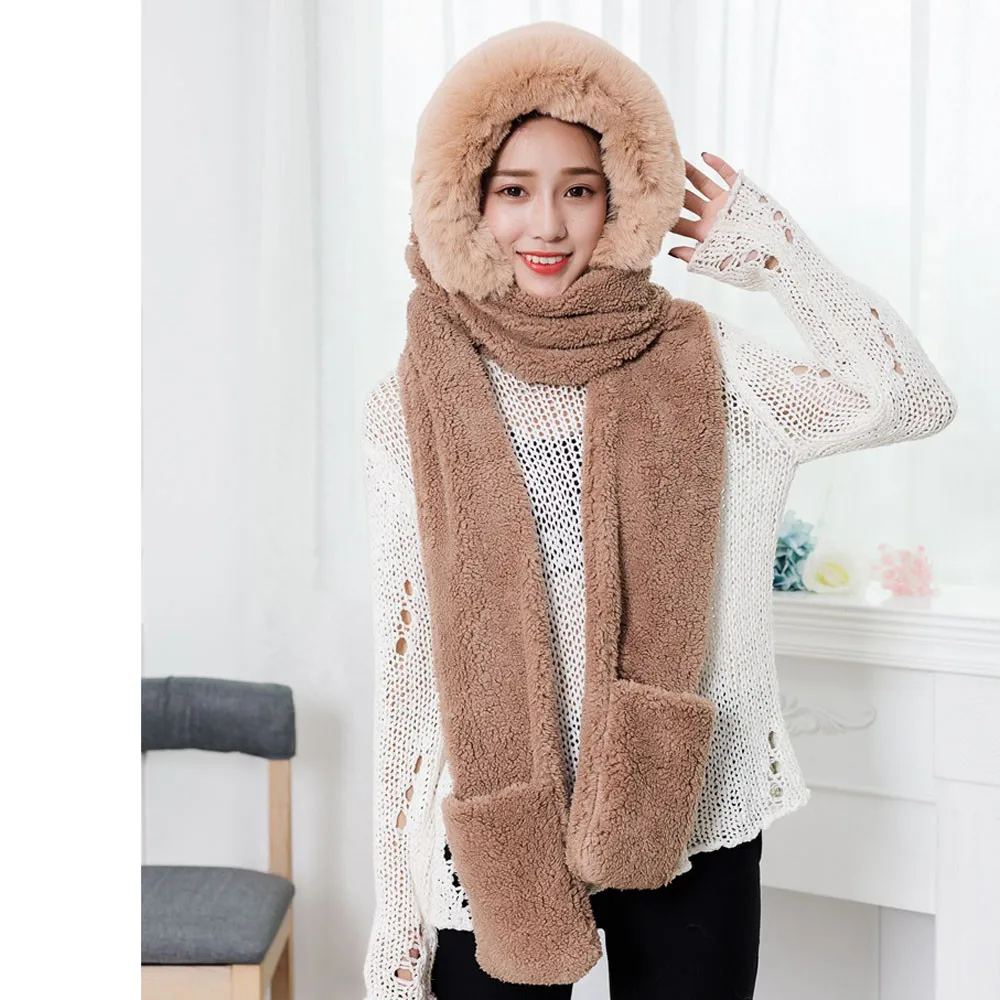 Moda mujer Дамский Искусственный мех зимний теплый пушистый капюшон шарф шапка снуд с карманами шапки перчатки меховой воротник черный красный белый