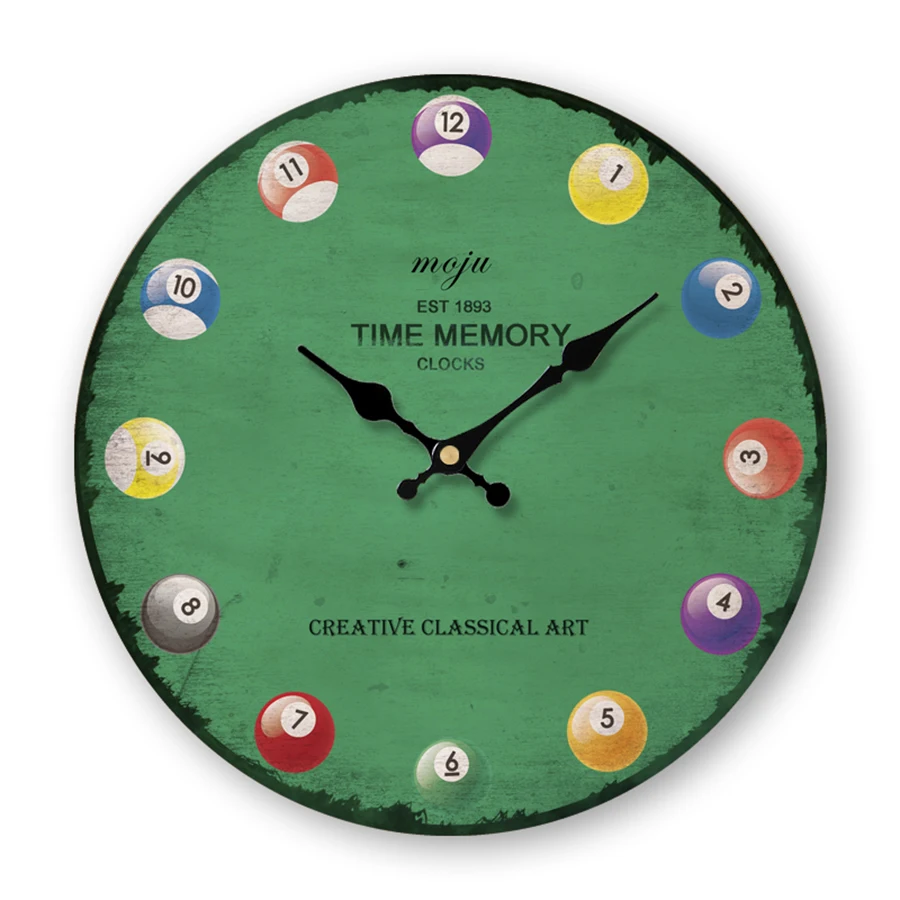 Art Billiard Green Vintage Clock Creative Children Wood Digital Wooden Retro Wall Modern Design Zegary Clocks Watch | Дом и сад