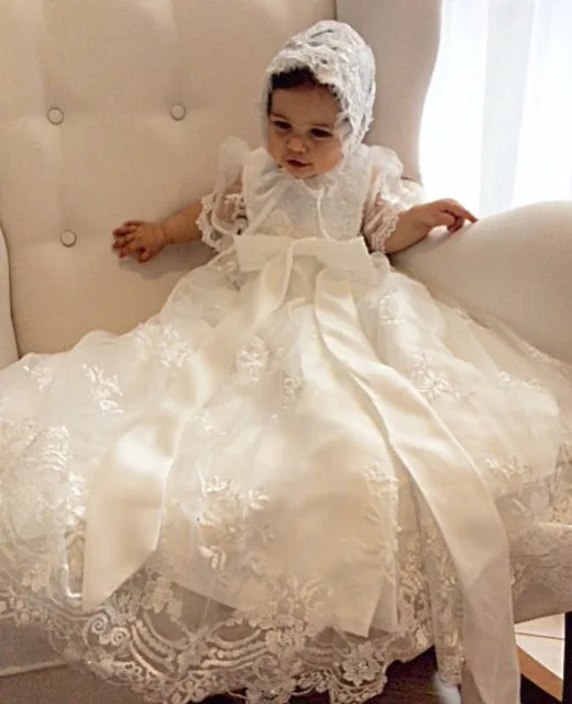 

ON SALE 2018 Lovely Baby Girl Baptism Gown Birthday Party Dress Lace 0-24month Baby Boy Robe Christening Dress With Bonnet