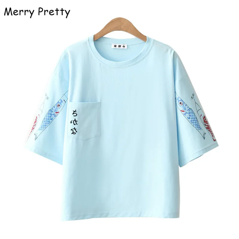 MERRY PRETTY Harajuku Хлопковая женская футболка с надписью и принтом рыбы, футболка с карманом, футболка с коротким рукавом, милые свободные летние топы