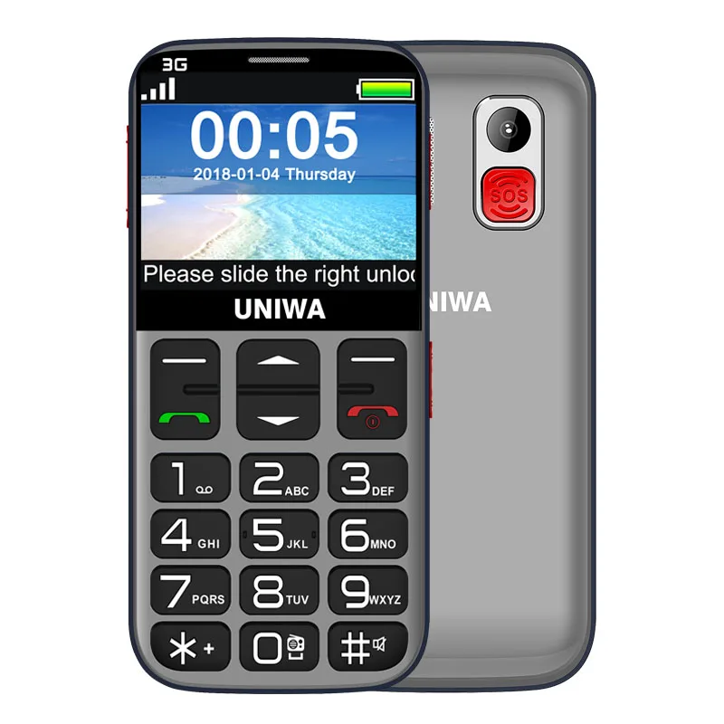 UNIWA V808G, мобильный телефон для пожилых людей, 3G, кнопка SOS, 1400 мА/ч, 2,31 дюйма, изогнутый экран, фонарик, фонарь, сотовый телефон для пожилых людей