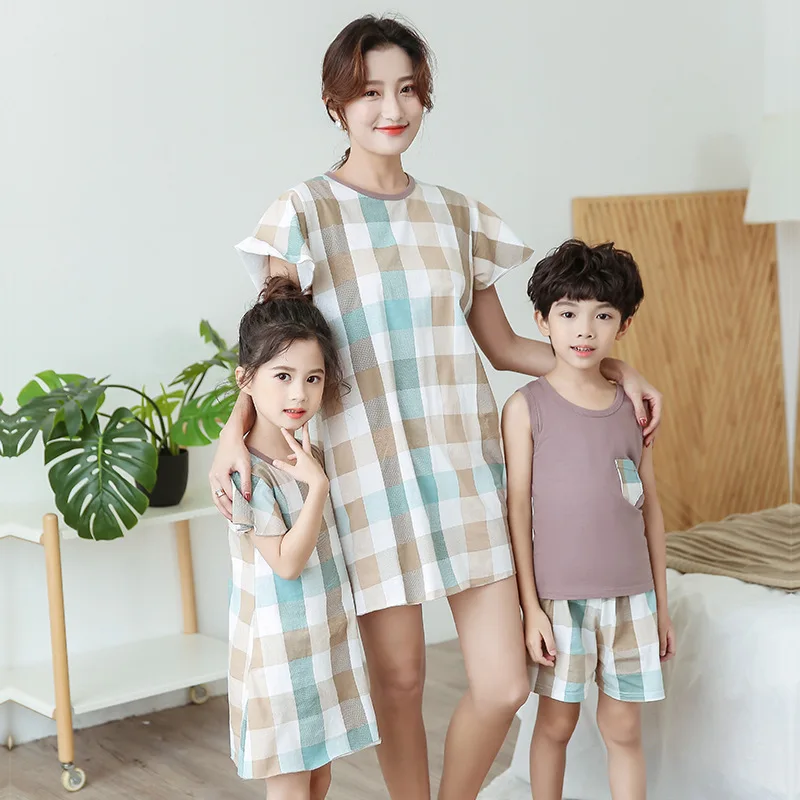 

Holiday Family Matching Outfit Mother Daughter Son Matching Clothing Sets Grid Girl Dresses Summer Cotton Boys Sets Pajamas