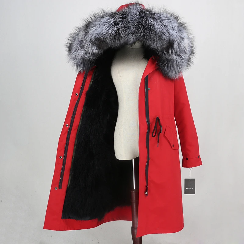 red black silver OFTBUY X-long Parka, водонепроницаемая ткань, верхняя одежда, зимняя куртка для женщин, натуральный Лисий мех, капюшон, Лисий мех, подкладка, натуральный мех, пальто, съемный - Цвет: red black silver
