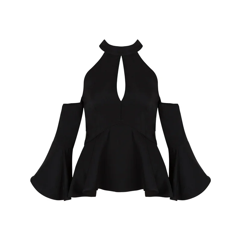 Black Fashion Elegant Key Hole Flared Embellished Celebrity Party Wholesale Women Blouse Top | Женская одежда