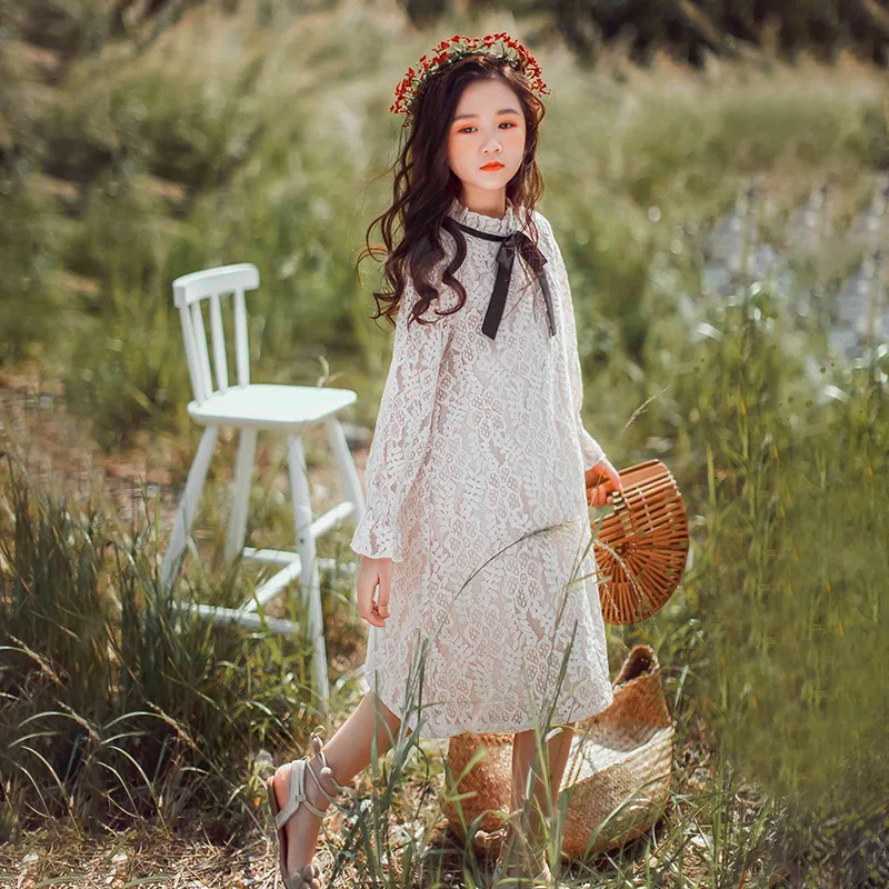 Children Kids Girls Lace Dress 2020 New Autumn Spring Bowknot Begie Teenager Brief Knee-length Clothing For Age 6-12 | Детская одежда и