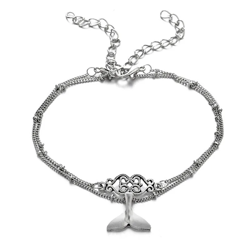 Retro Bohemian Silver Color Mermaid Fish Tail Anklets Women Carved Charm Barefoot Sandals Ankle Jewelry Mutlilayer Steampunk | Украшения и