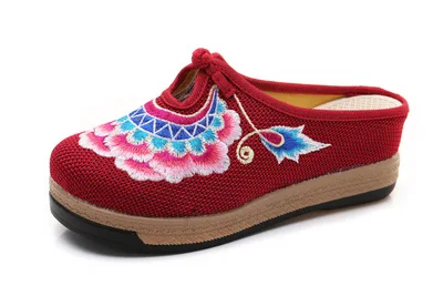 Model 6 Wine Red Veowalk/женские парусиновые тапочки на плоской толстой подошве с цветочной вышивкой; женские льняные эспадрильи ручной работы в богемном стиле; сезон лето - Цвет: Model 6 Wine Red