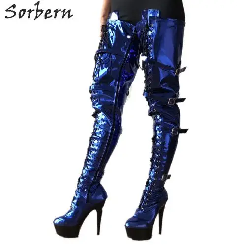 Blue Metallic Sorbern/пикантные Фетиш-сапоги на высоком каблуке 15 см; сапоги до бедра на платформе; Каблук 80 см; обувь для костюмированной вечеринки в готическом стиле и стиле панк; цвет синий, металлик - Цвет: Blue Metallic