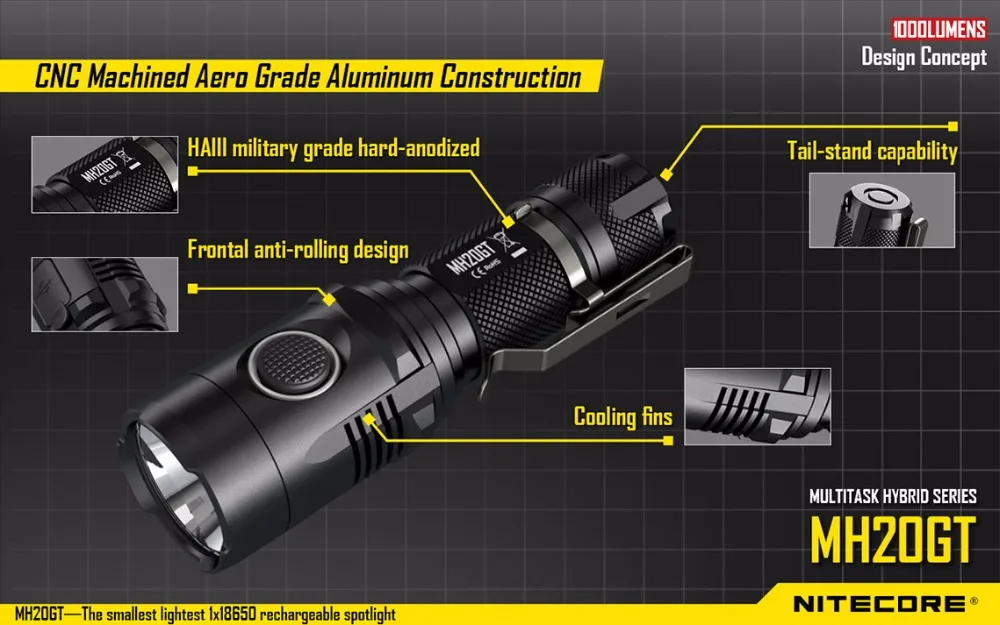 NITECORE MH20GT Перезаряжаемые тактический фонарь XP-L HI V3 Макс 1000 люмен луч бросать 362 м с 18650 3500 мА/ч, 8A батарея