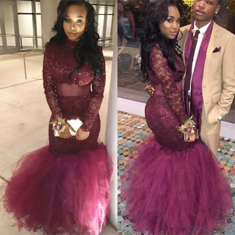 vestidos gala 2017 High Neck Sheer Burgundy Mermaid Prom Dresses Sweep Tulle Long Sleeve Beaded Lace Women Party Gowns | Свадьбы и