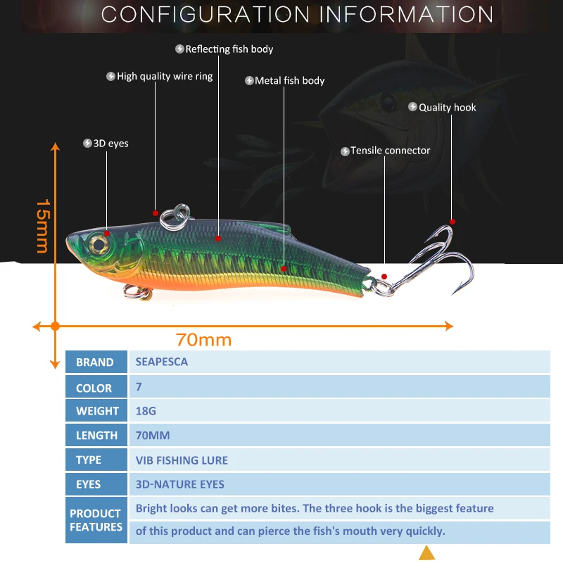 SEAPESCA 1pc Winter Ice Fishing VIB Lure 70mm 18g Quality Metal Hard Bait 3D Natural Eyes Wobblers Bass Pike Japan Pesca YA492 | Спорт и