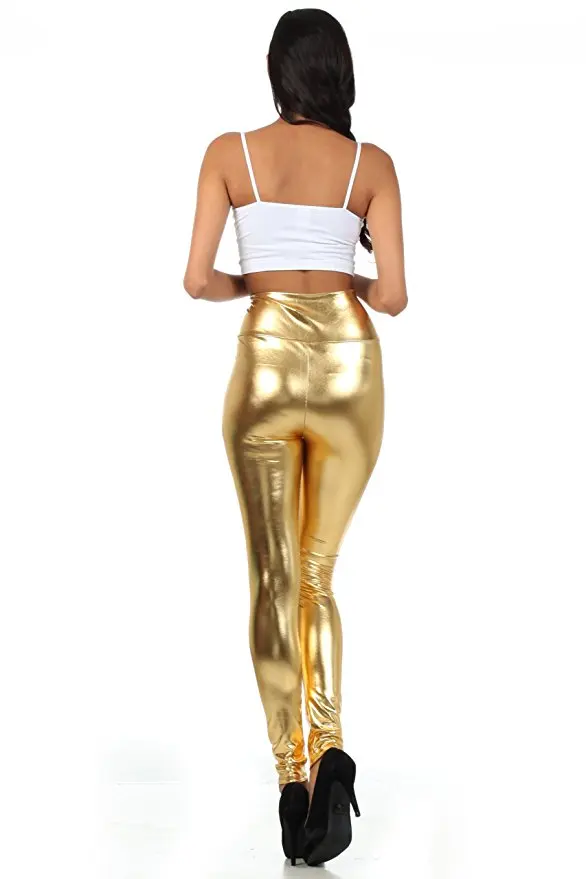 ICOSTUMES Women Sexy Elastic High Waisted Pants Thin Leather Gold Leggings Skinny Shiny Metalic leggings