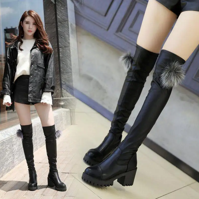 2017 зимние теплые женские сапоги до бедра на высоком каблуке с толстым меховым