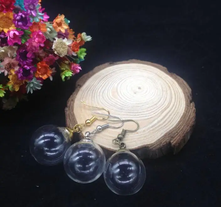 

100sets/lot 20*5mm round ball shape glass globe beads cap ear hook earrings set glass vial earring wire charms glass bottle