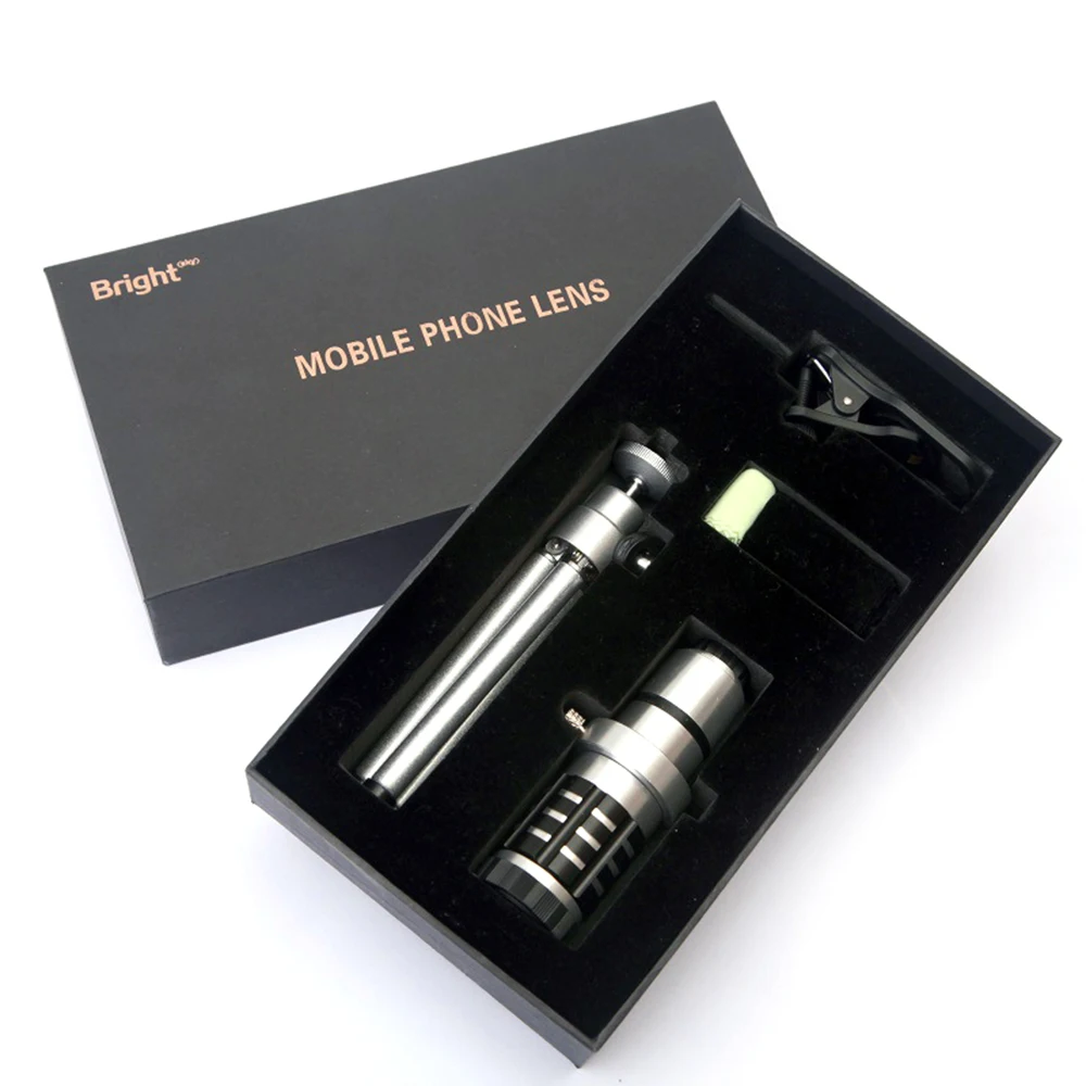 

12X HD Green Film Optical Glass Aluminium Alloy Mobile Telephone Lens with Clip Tripod for Travelling Hunting Camping Watching