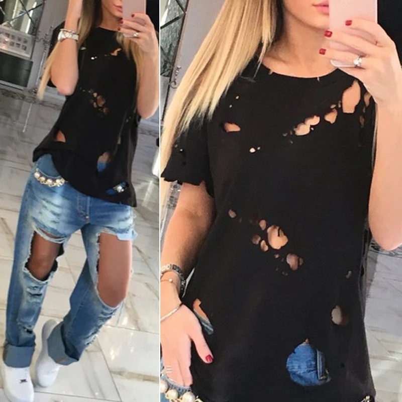 2017 модная женская блузка с дырками короткими рукавами сексуальные черные белые