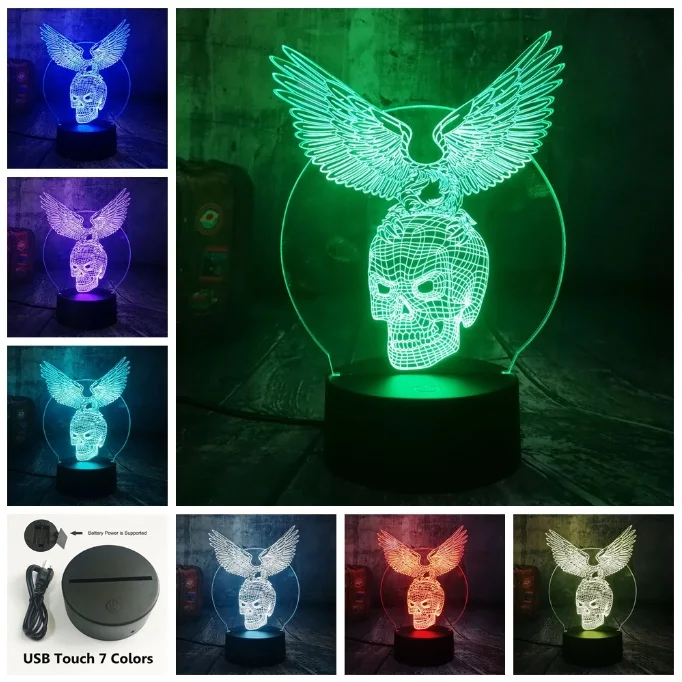 Новая классная череп крыльями орла 3D светодиодный ночной Светильник RGB 7 цветов Дистанционное Управление USB многоцветный настольная лампа домашний Декор Рождественский подарок - Испускаемый цвет: Touch One 7 Color