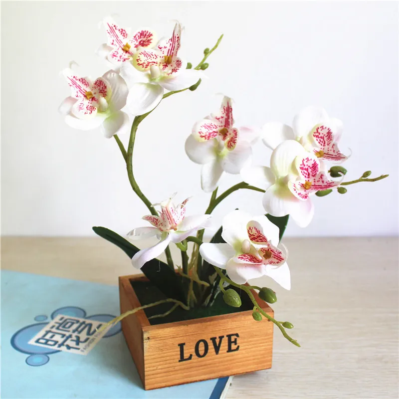 

1x Butterfly Orchid Potted Plant Set Artificial Flower Bonsai Plastic Floral Branch Wooden Flowerpot Wedding Home Garden Decor