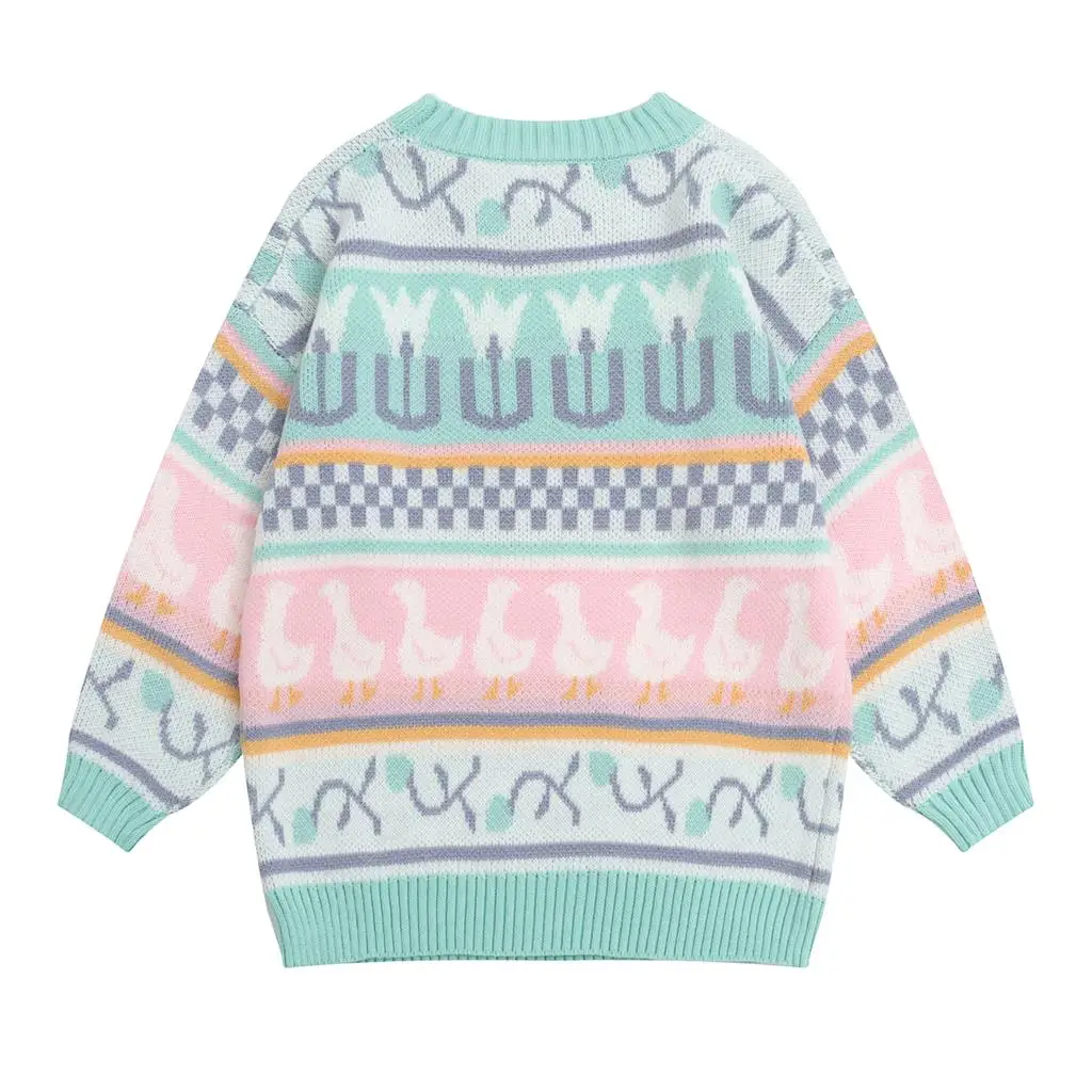 Autumn Winter Japanese Vintage Ladies Pullover Sweater Long Sleeve Loose Knit Multicolor Cartoon Jacquard Preppy Style | Женская одежда