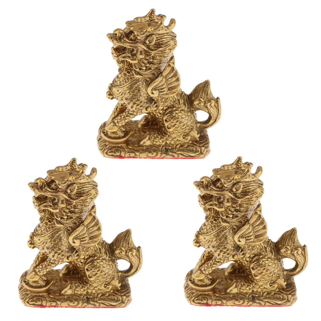 

Feng Shui Golden Brass Chi Lin/Kylin Wealth Prosperity Statue Ornament Wealth and Good Luck, Set of 3