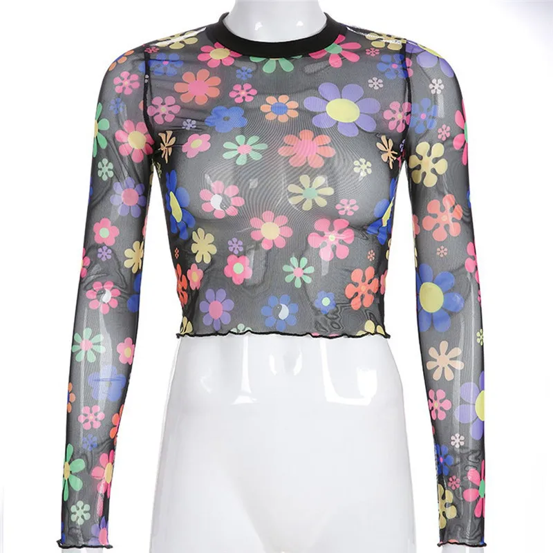 Новые Сексуальные женские сетчатые прозрачные блузки прозрачный принт большие