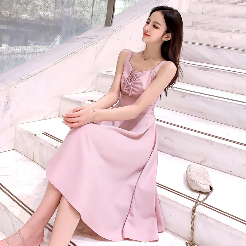 Новая летняя женская одежда 2019 корейское платье на бретельках с v образным