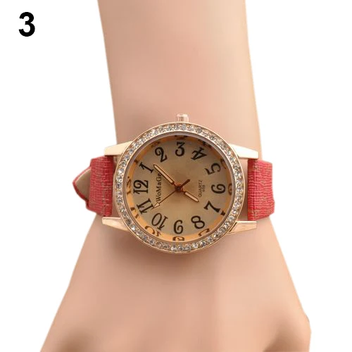Wholesale Women's Elegant Leather Band Rhinestone Golden Dial Quartz Good Quality Wristwatch | Наручные часы