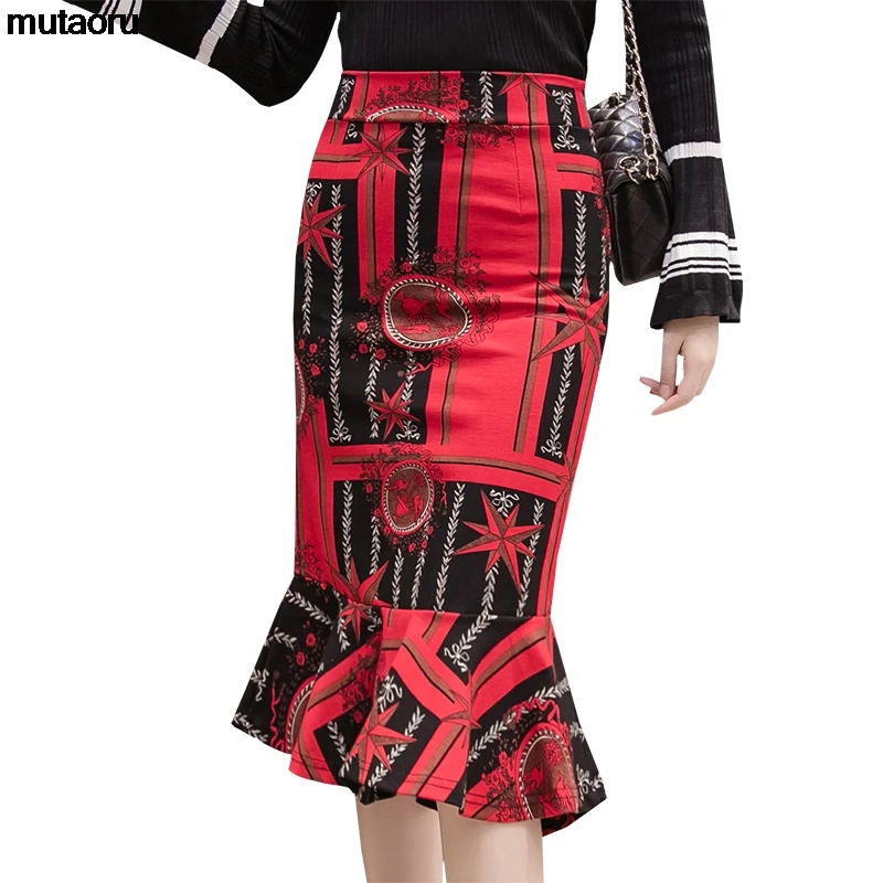 

Plus Size 2019 High Elastic Waist Print Fashion Women's Trumpet Skirt Vintage Style Slim Sexy Skirt Elegant Ladies' pencil Skirt