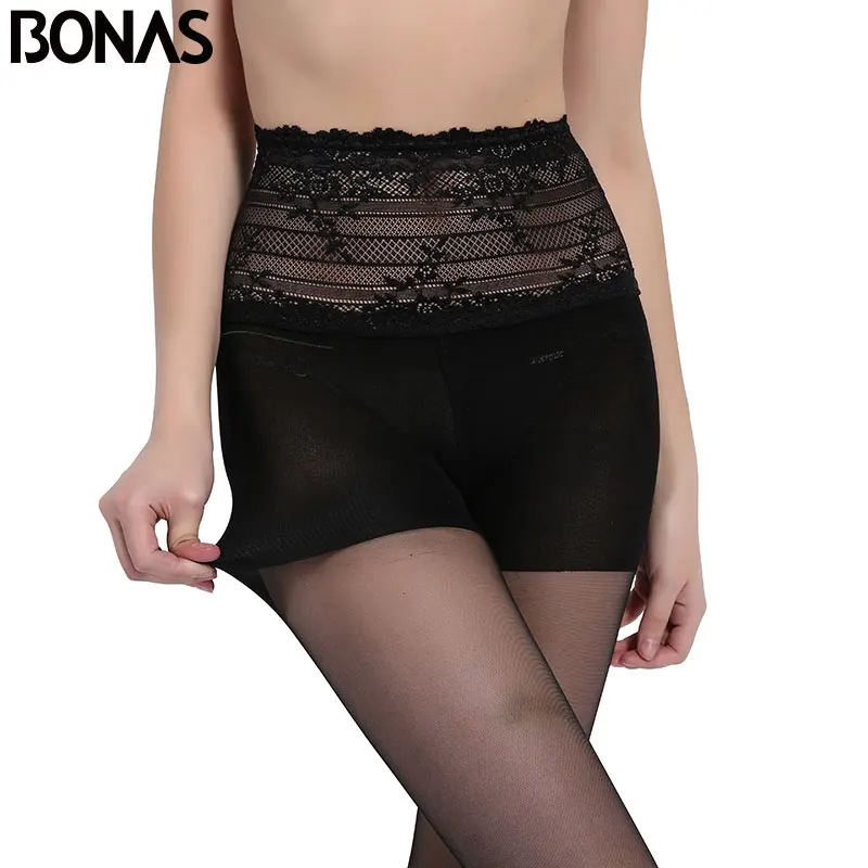 BONAS 6pcs/lot 15D High Waist Tights Women Spring Hollow Lace Style Pantyhose Seamless Hosiery Nylons Female Tights Solid Color