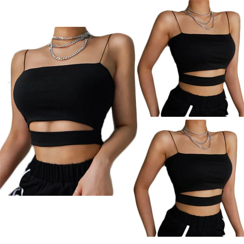 Женский черный топ на бретелях с вырезами сексуальный укороченный бретельках