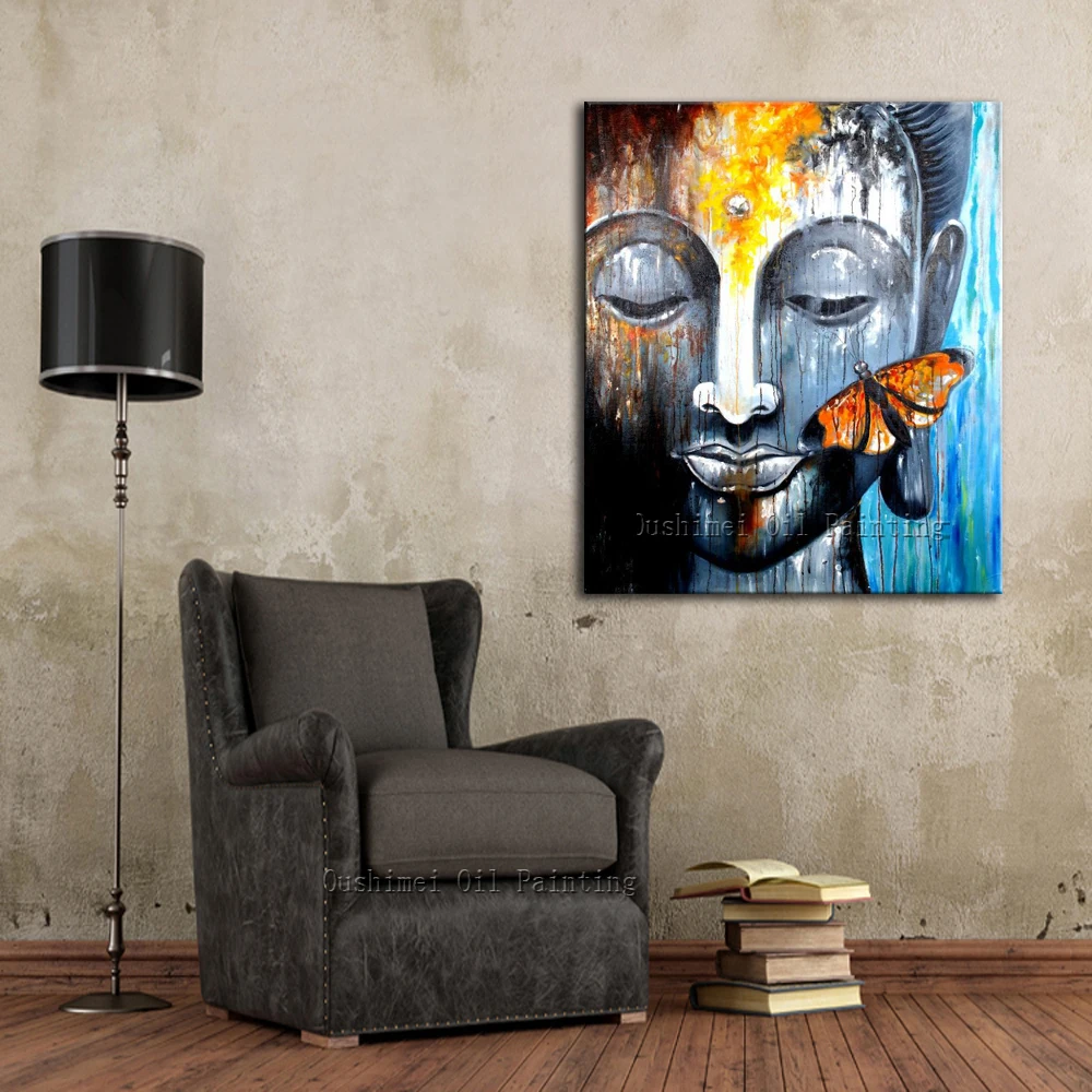 Профессиональная художественная абстрактная Ручная роспись Будды с бабочкой