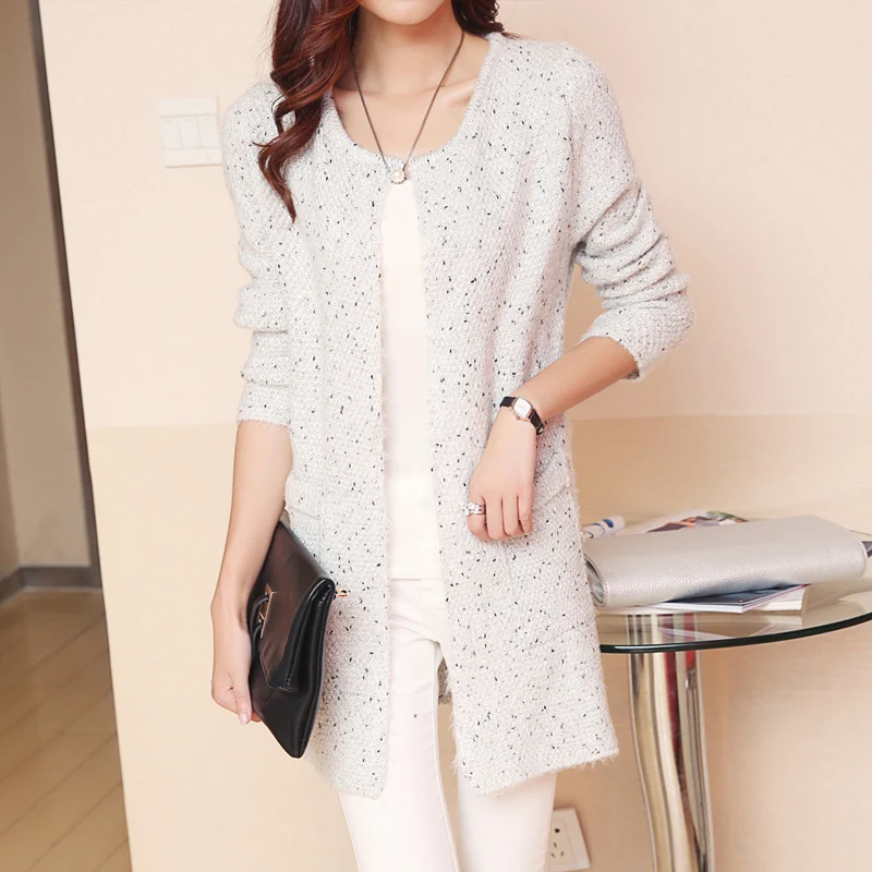 2016 long in coats knit cardigan sweater show thin pocket female collar |
