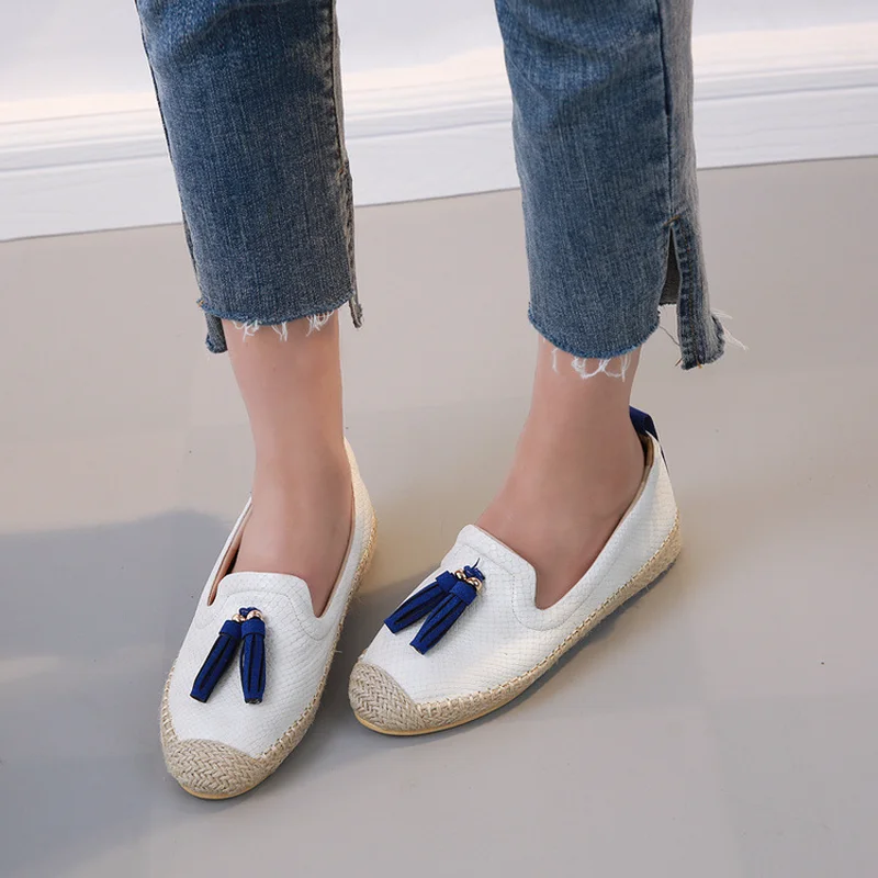 Новый конопли ткань плетения Дизайн женские лоферы круглый носок Fashion Fringe