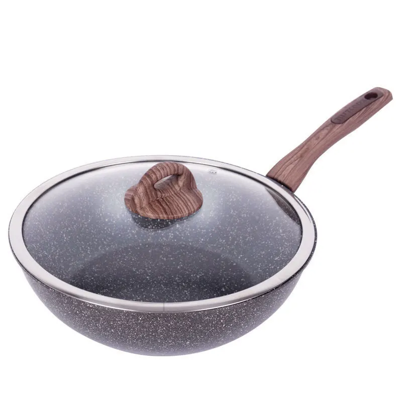 

Japanese medical stone frying pan non stick wood handle wok fume free cooking pot fryer cooker cookware saucepan glass lid