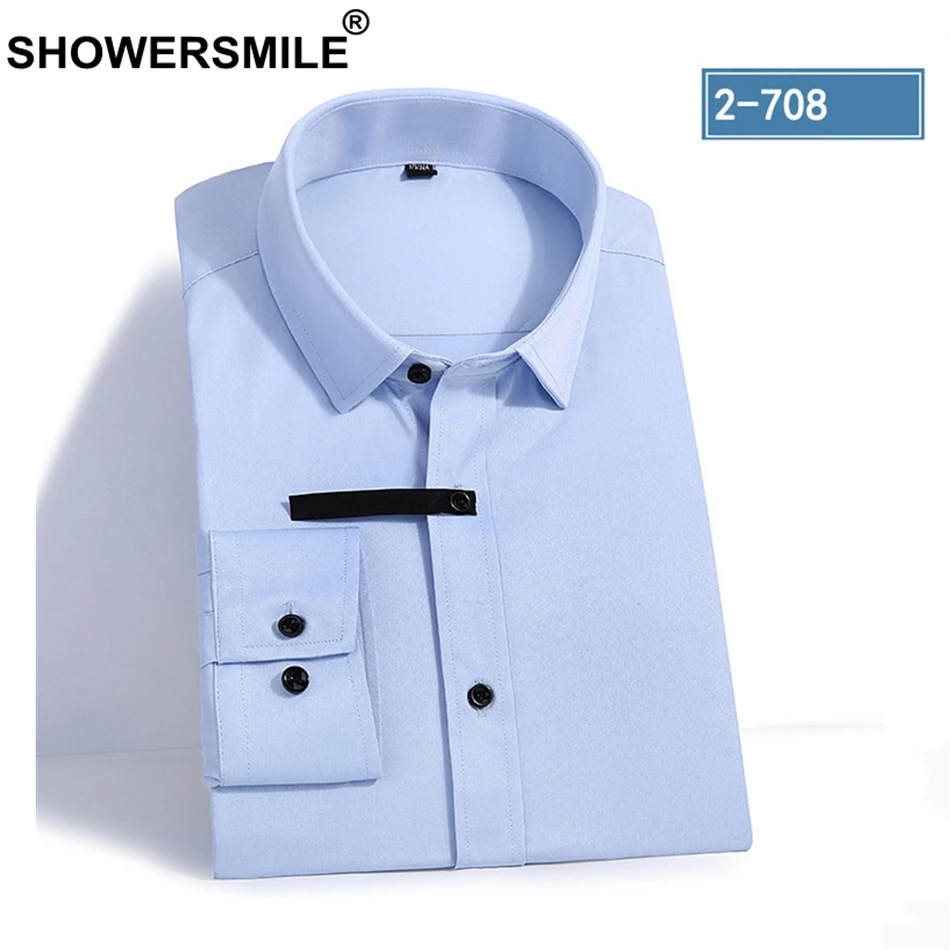SHOWERSMILE, бордовая Мужская рубашка с длинным рукавом, летние официальные рубашки для мужчин, рубашка из бамбукового волокна, приталенная, 4xl размера плюс, одежда - Цвет: 08light blue