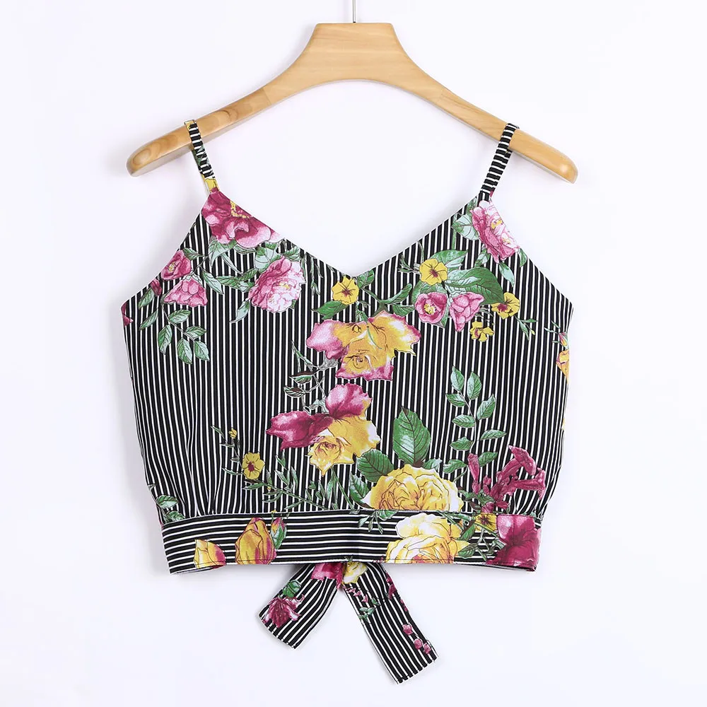 Женский топ с v-образным вырезом и цветочным принтом черный укороченный