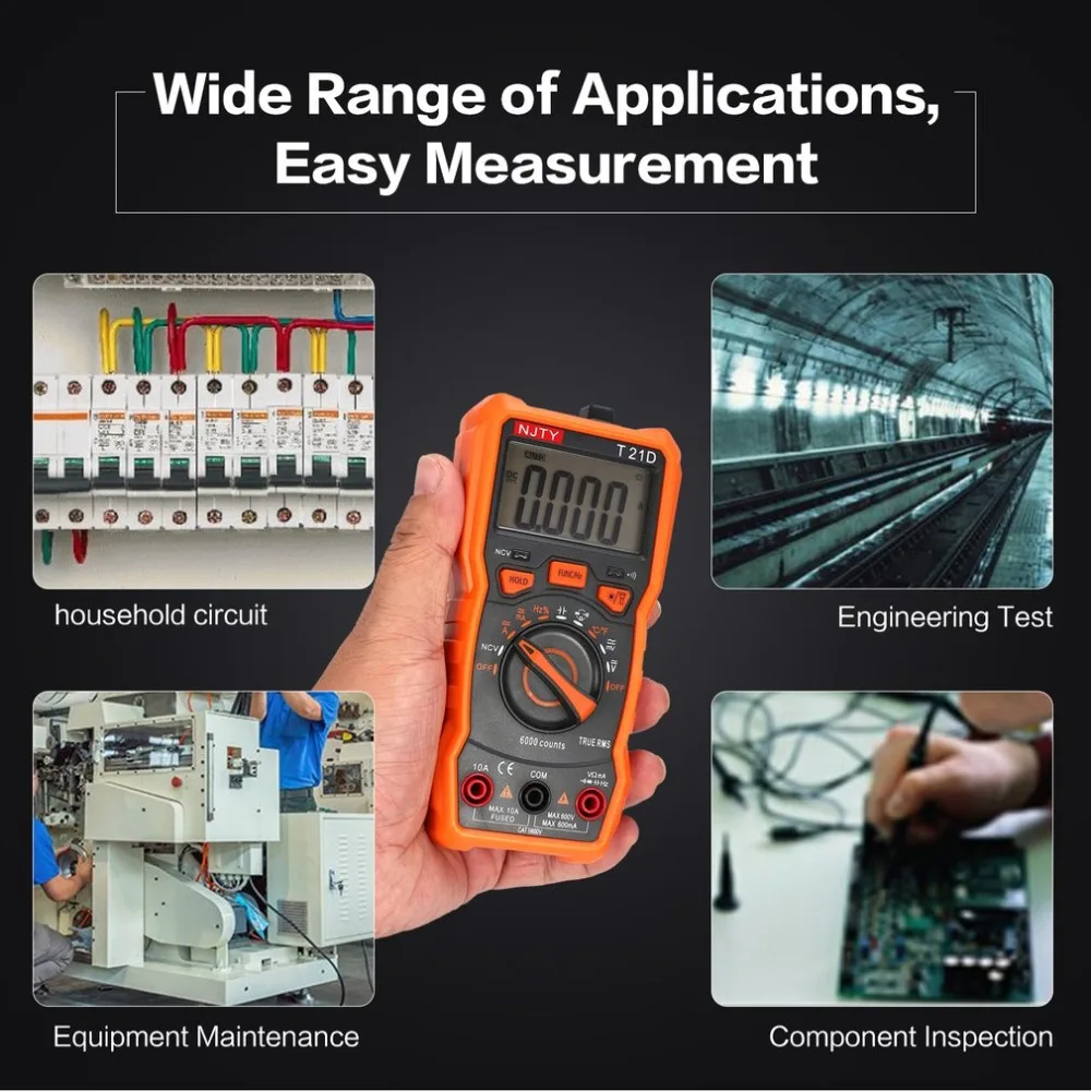 

Digital Multimeter NJTY T21D DC/AC Voltage Current Meter Handheld Ammeter Ohm Diode NCV Tester 6000 Counts Multitester