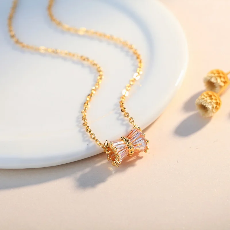 OMHXZJ Wholesale Personality Fashion OL Woman Girl Party Wedding Gift Gold Bowknot AAA Zircon 18KT Pendant Necklace NC145 | Украшения и
