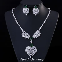 high quality green zirconia rhinestone fashion jewellery wedding jewelry sets long crystal drop bridal necklace and earring t234