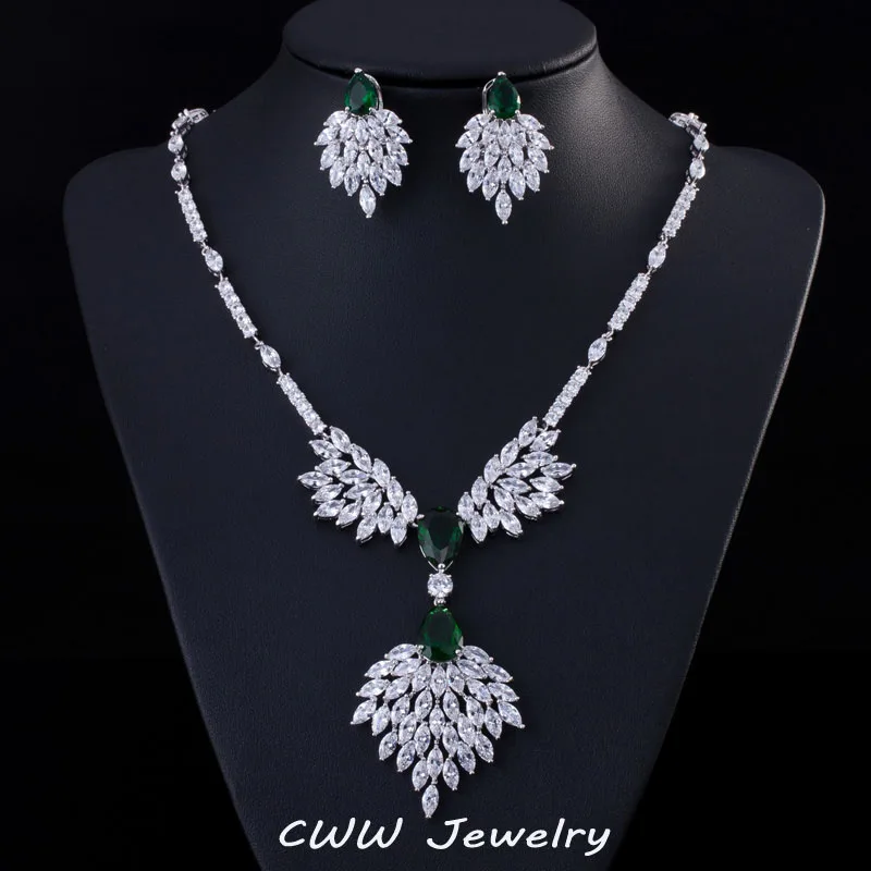 High Quality Green Zirconia Rhinestone Fashion Jewellery Wedding Jewelry Sets Long Crystal Drop Bridal Necklace And Earring T234|jewellery
