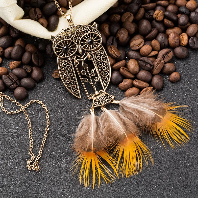 Классический Винтаж Boho полые большая сова с длинной бахромой Перо Цепочки и
