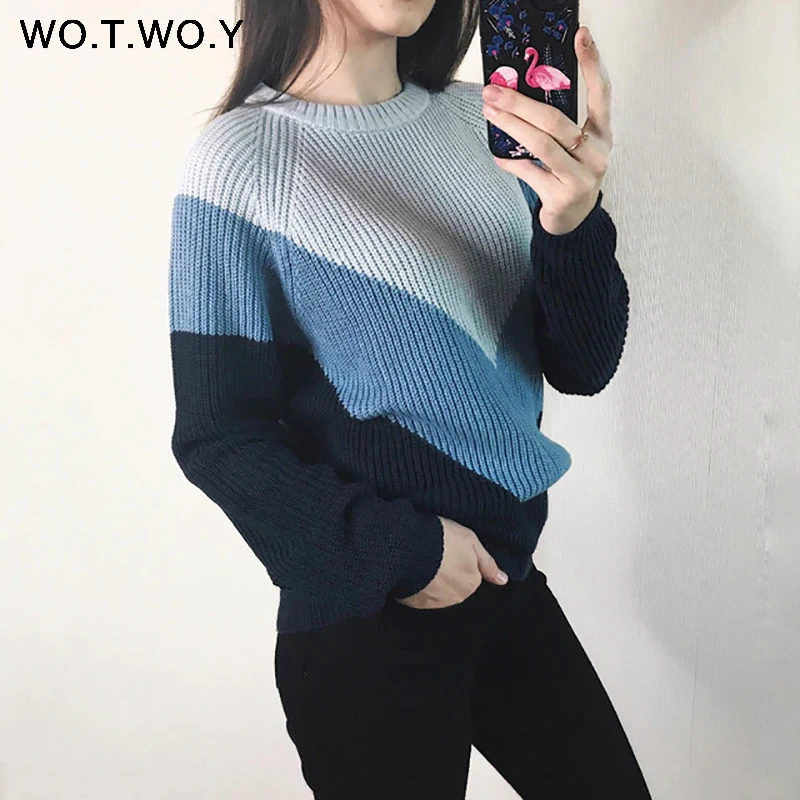 WOTWOY, Осень-зима, контрастный цвет, женский свитер, Повседневный, с длинным рукавом, пуловеры, для женщин, с круглым вырезом, вязаные топы, женский джемпер, мягкий